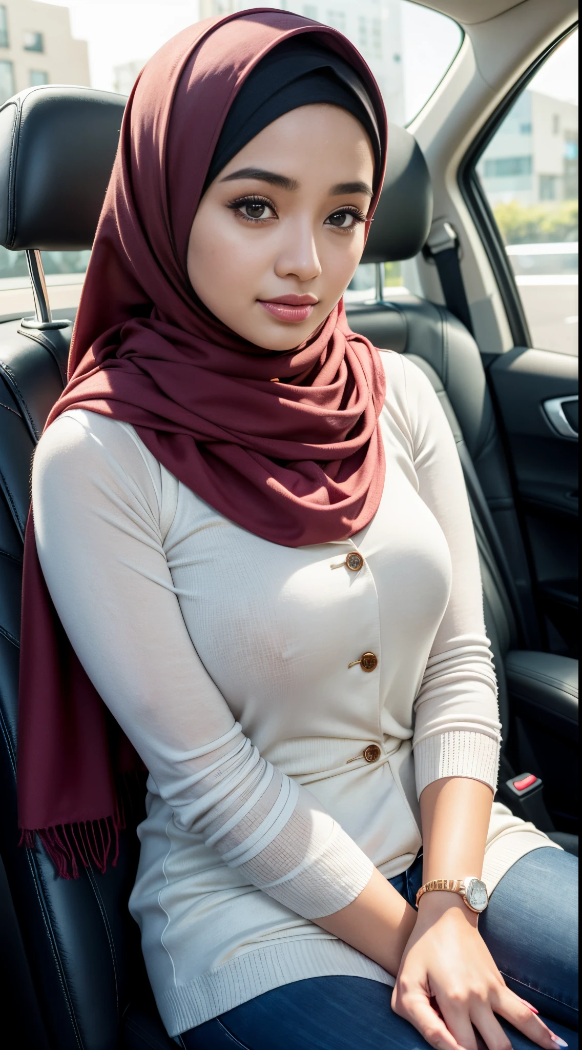 (iu:0.8), RAW, Best quality, high resolution, Masterpiece: 1.3, Beautiful hijabi malay woman in a car with a scarf on sitting on the phone, dilraba dilmurat, white hijab, hijab, lovely woman, beautiful Indonesia woman, malay woman, malaysian, malay girl, milky white skin, Beutifull girl, shawl, actress, attractive girl, with cute - fine - face, scarf, white scarf, 8k selfie photograph, siya oum, (big breast), big eyes