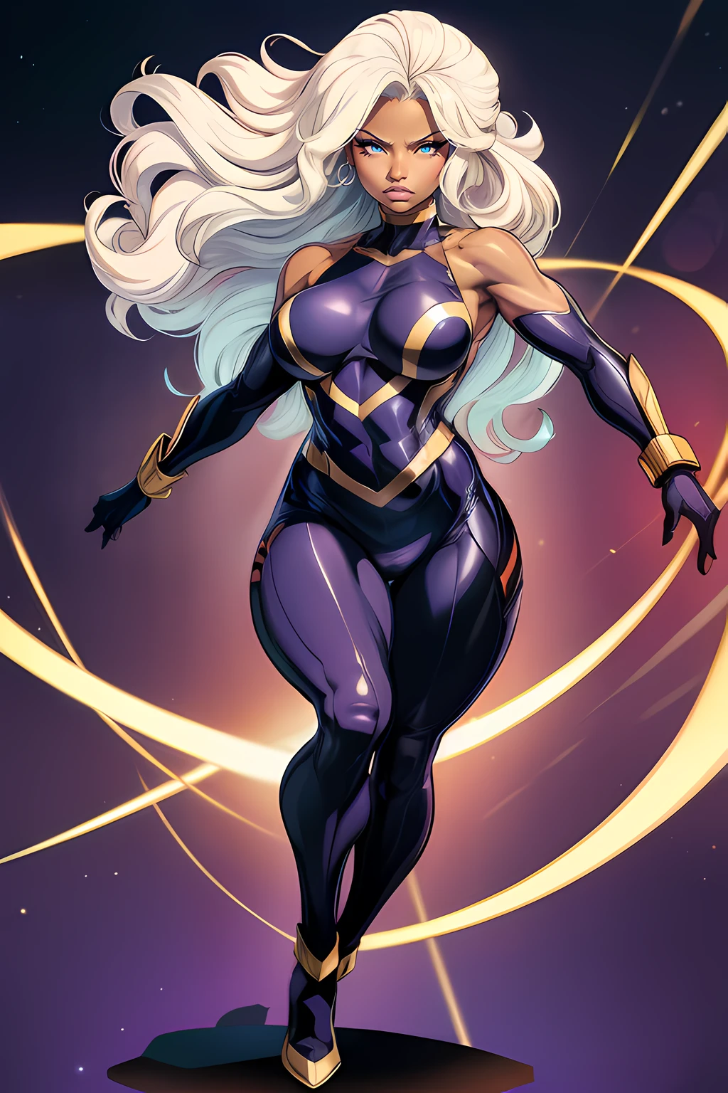 best quality, 1girl, mature woman, ((((tall)))) ((dark skin)), (small breasts), chubby, (muscular legs), long ((curly)) white hair with bangs, Ororo, exposed shoulder (floating in the air), huge lips, eyelashes, blue eyes, black purple gold, bodysuit, gloves, angry, background, full body