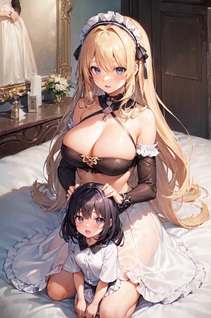 (2girls:1.5), (height_difference:1.5), (size_difference:1.1), (giantess:1.1), a giantess pinning a tiny woman down, a giantess hugging a tiny woman, a tiny woman below the breasts of a giantess, serafuku, bedroom, bed, sweaty, cleavage, looking at another, looking in her eyes, (adult woman: 1.2), (mature:1.2)