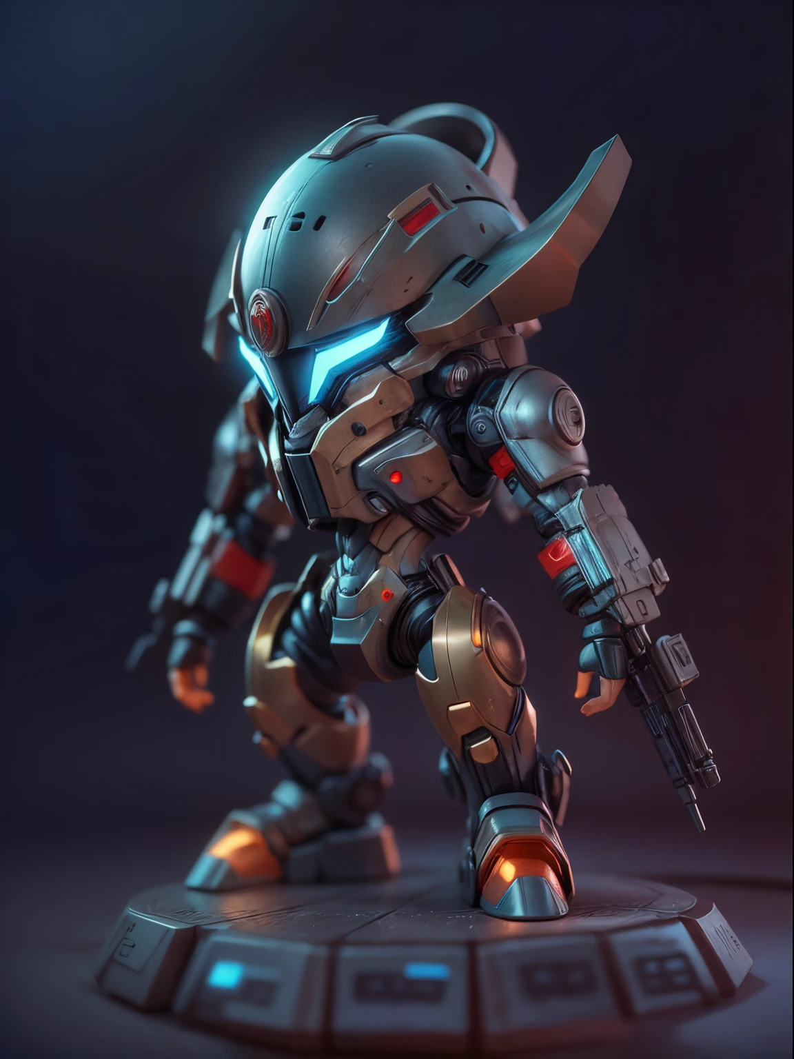 (Blind box toy style:1.2), (Full body shot) , 1 cute strong metal mage, Metal mech,Metal opaque helmet, cyber punk perssonage, dreamy glow, Clean, Black draft,red and blue style, ( Global illumination, Ray traching, hdr, unreal render,reasonable design, high detal, Masterpiece, Best quality, hyper HD, Cinematic lighting)(salama),(Rich posture shapes)