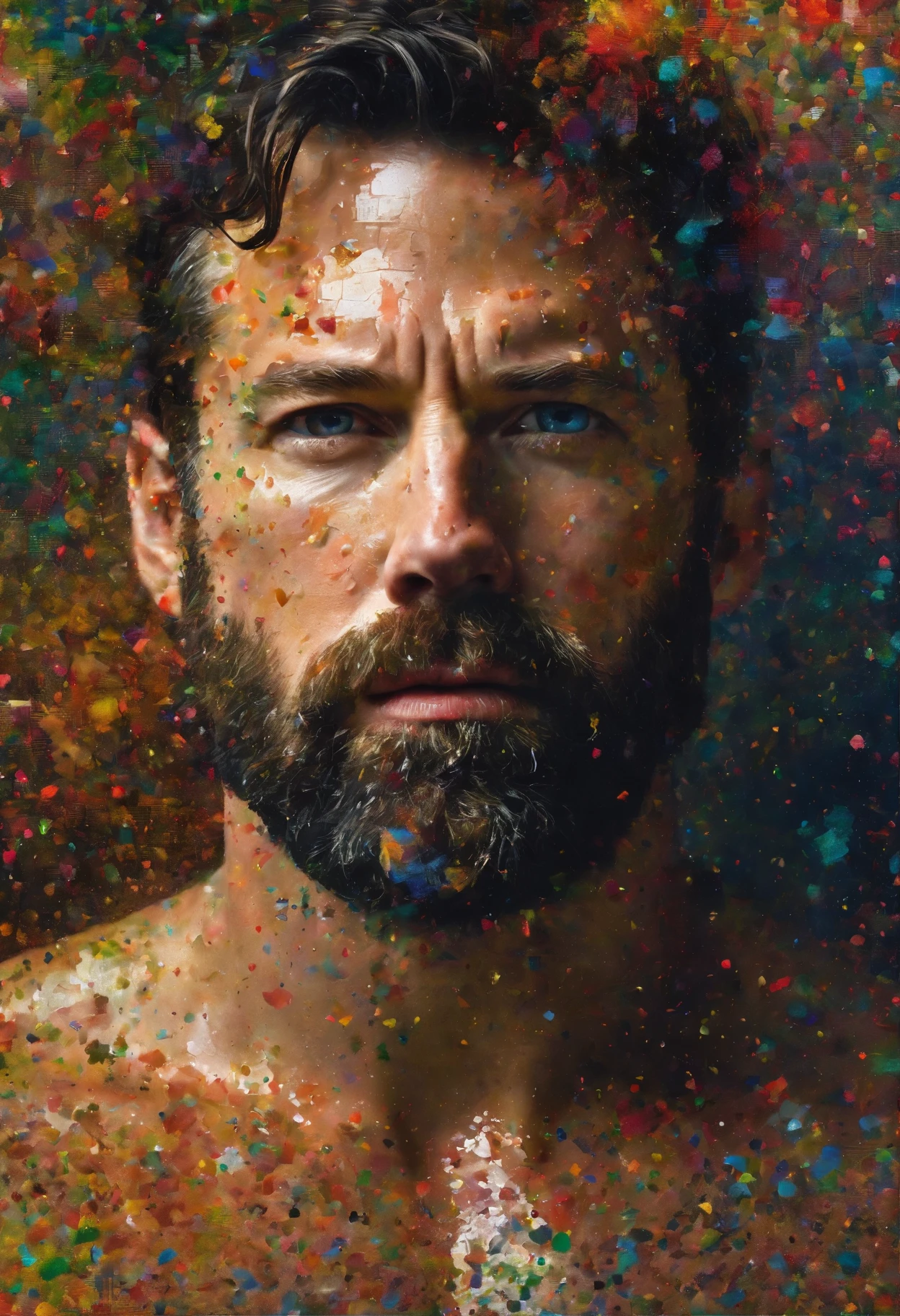 A Photograph capturing a surrealist vision: ben affleck naked art, amidst a swirling earthy palette, poses outside gallery , posing with the dreamlike surroundings. --ar 16:9