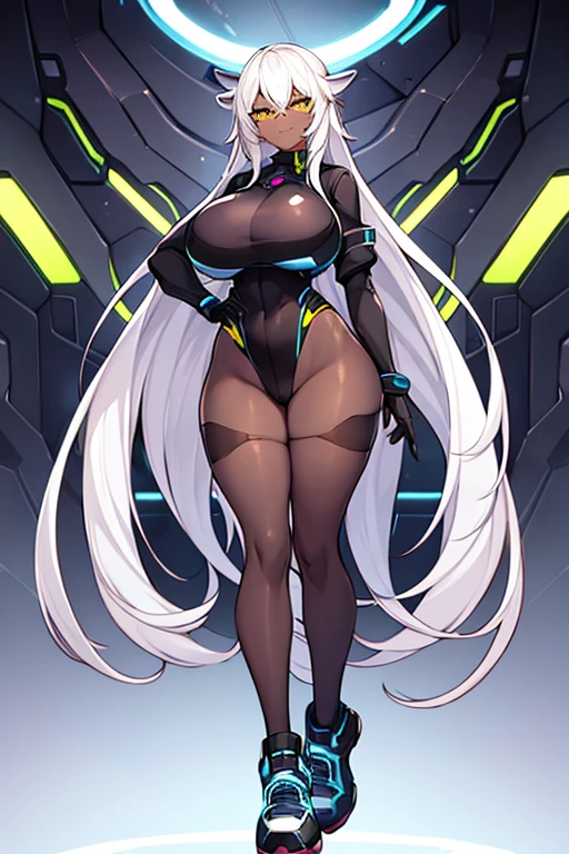 1girl, dark skin, dark-skinned female, white hair, long hair, yellow eyes, large breasts, breasts, wide hips, smug, smirk, smile, bodysuit, black bodysuit, pantyhose, black pantyhose, shoes, sneakers, futuristic, tech, science-fiction, neon trim, white neon trim, white trim, full body, ((full body))