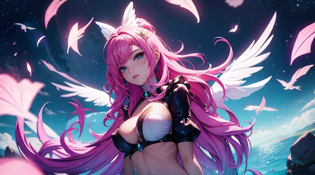 seraphine1, league of legends, pink hair, queen, nsfw, floating pose, floating, feathers, big boobs, digital illustration, vibrant colors, soft lighting, perfect face, absurdres, ultrasharp, 8K, long hair, space buns, ta dress, gothic, angel, angel wings