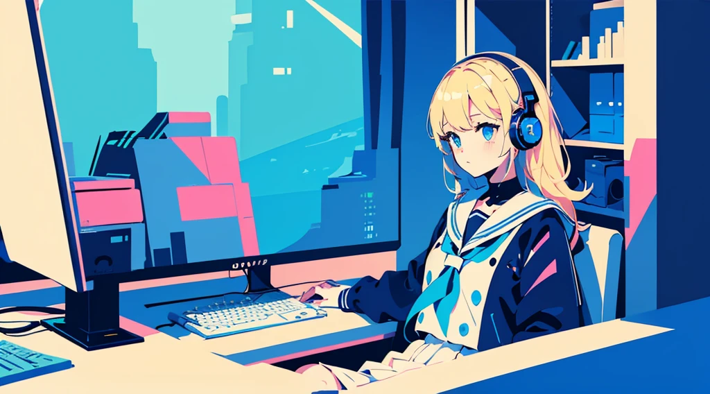 (1 girl, blonde hair, blue eyes, sailor suit, headphone, sitting in a chair, kawaii), (blue cyberpunk, room with big monitors, blue neon), (low contrast, flat color, limited palette)