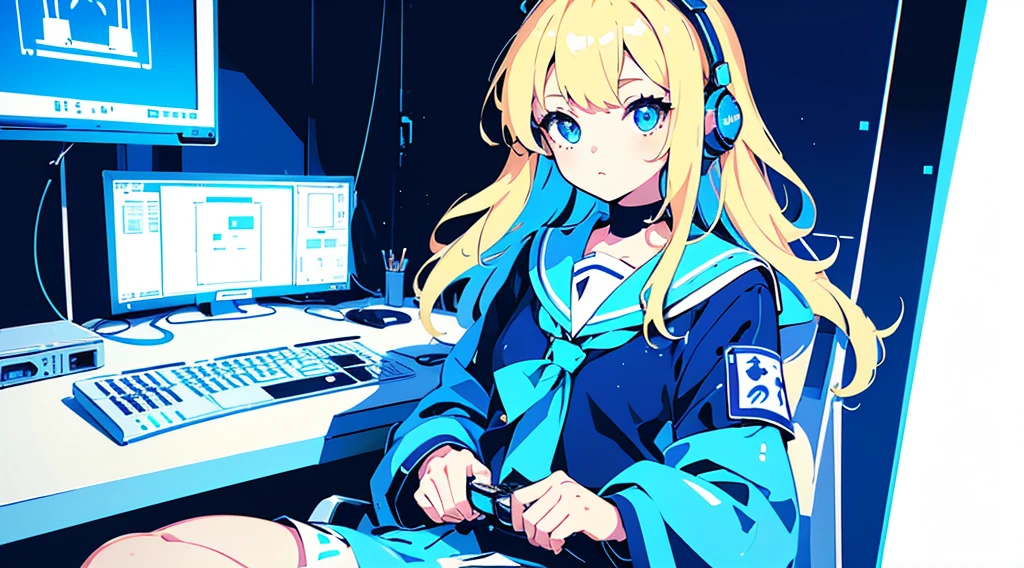 (1 girl, blonde hair, blue eyes, sailor suit, headphone, sitting in a chair, kawaii), (blue cyberpunk, room with big monitors, blue neon), (low contrast, flat color, limited palette)