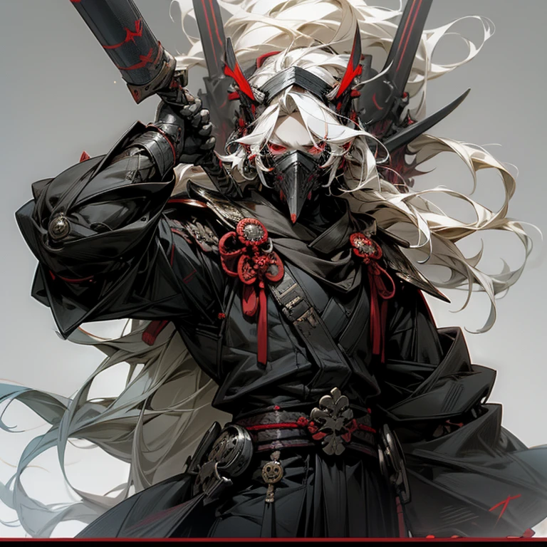 "Three kingdoms" Theme, young Male, spear, black robot, Futuristic style. Long white hair. Black armor. Red eyes. Gas mask