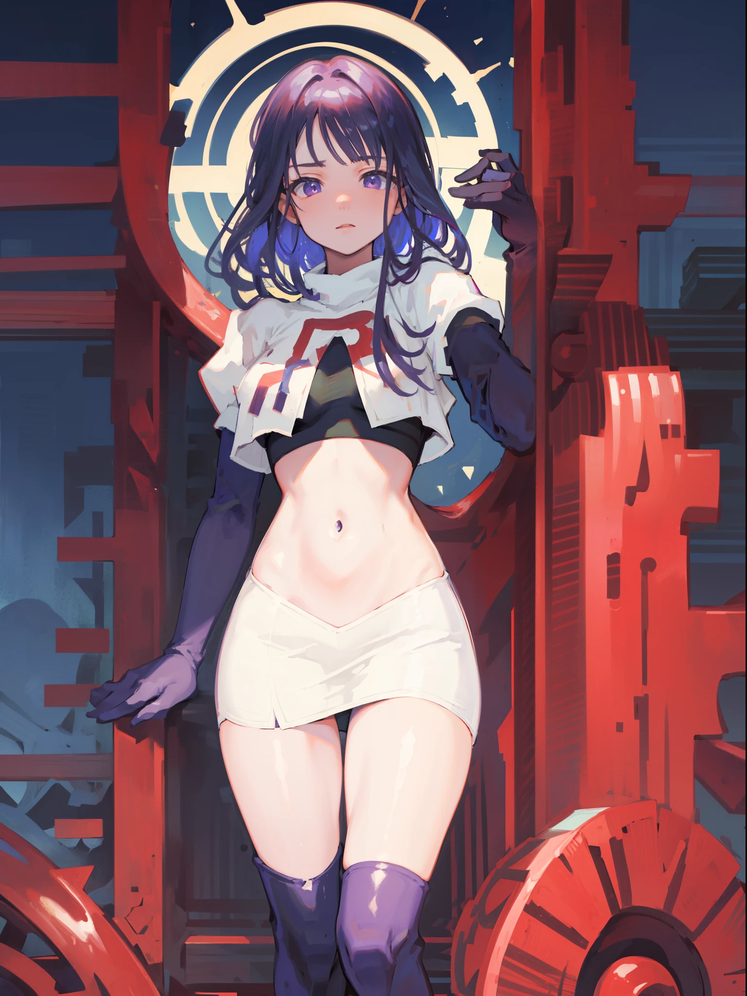 (Highest quality，Masterpiece，8k)，((Pale skin))，1girll，Solo Woman，((Genshin_impact，Raiden general)), Sexy beautiful anime girl，Raiden general, Mole under eye, Long purple hair, hair ornaments, rosy lips，Anime mouth, A sexy mature woman，Detailed eyeusty figure, team rocket,team rocket uniform, red letter R, white skirt,white crop top,black thigh-highs,black elbow gloves,