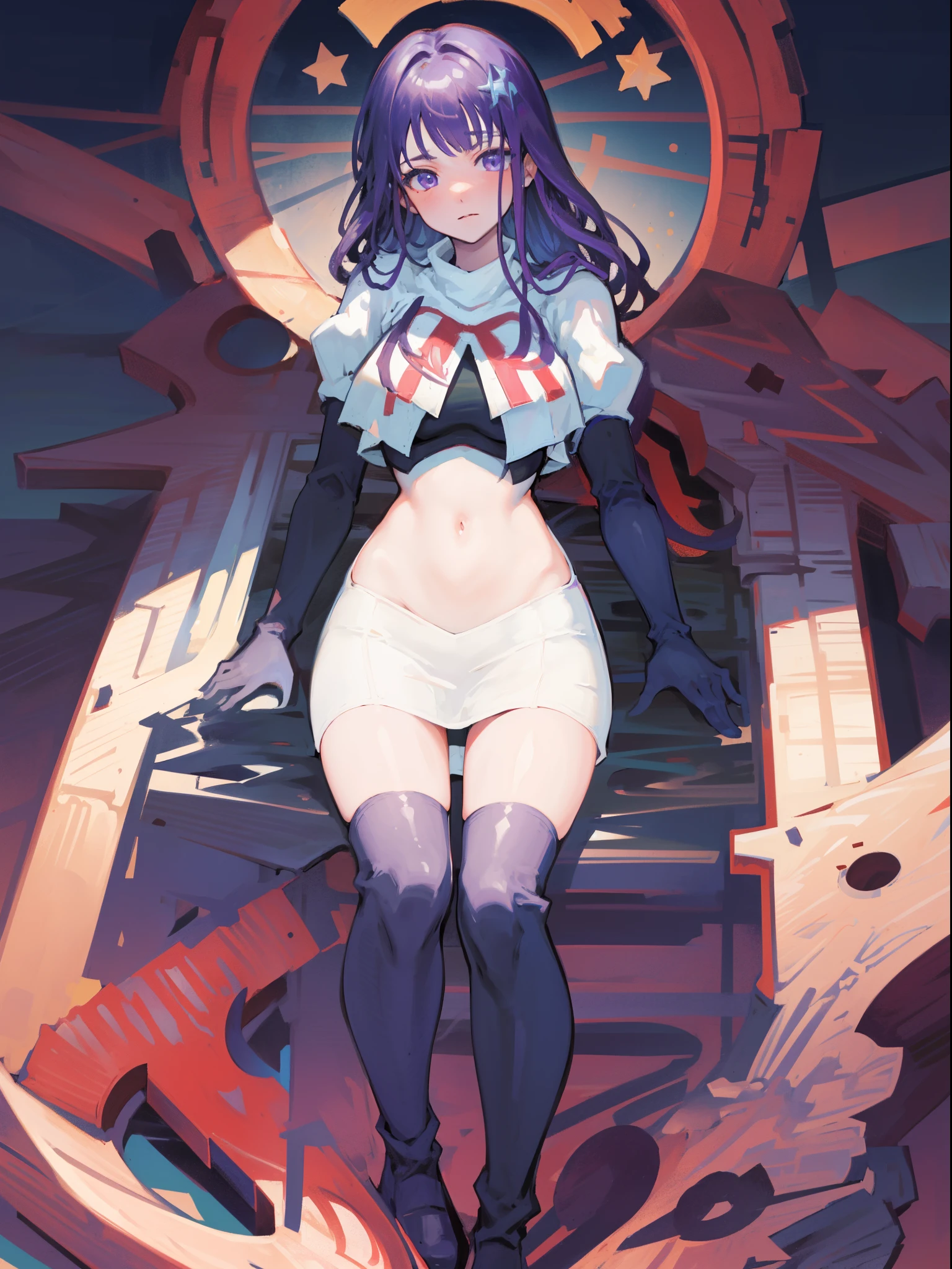 (Highest quality,Masterpiece,8k),((Pale skin)),1girll,Solo Woman,((Genshin_impact,Raiden general)), Sexy beautiful anime girl,Raiden general, Mole under eye, Long purple hair, hair ornaments, rosy lips,Anime mouth, A sexy mature woman,Detailed eyeusty figure, team rocket,team rocket uniform, red letter R, white skirt,white crop top,black thigh-highs,black elbow gloves,