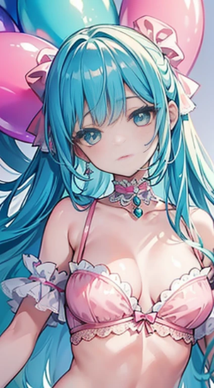 High quality, masterpiece, ultra-detailed, highly detailed outfit, pink bra, choker, little bows, frills, 1 girl, solo, playful expression, long light blue hair, enchanting green eyes,  shiny skin, hugging overinflated balloon