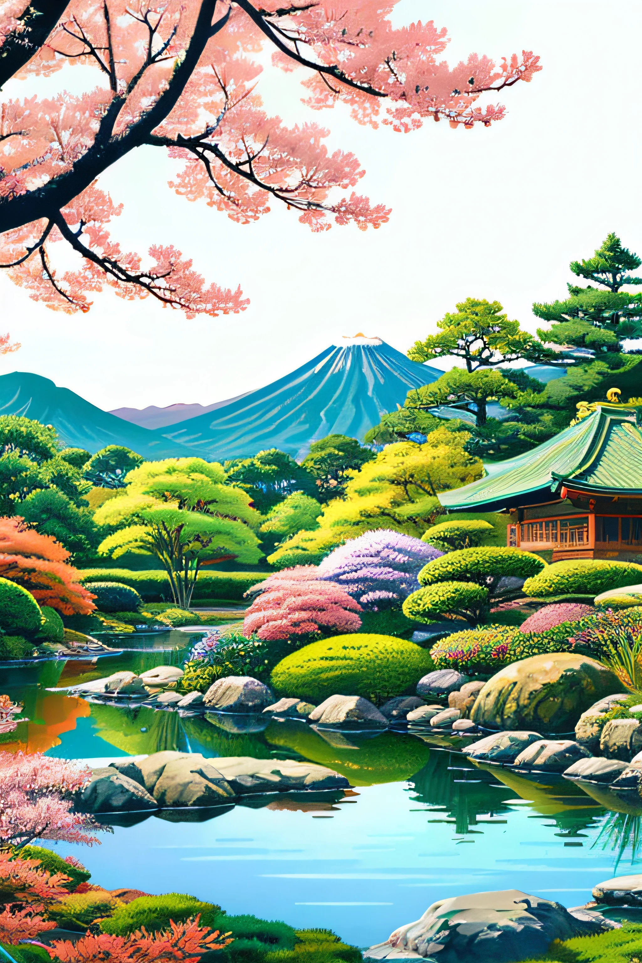 Japanese garden　Ukiyo-e style　landscapes　pop music　colourfull　illustratio　moderno