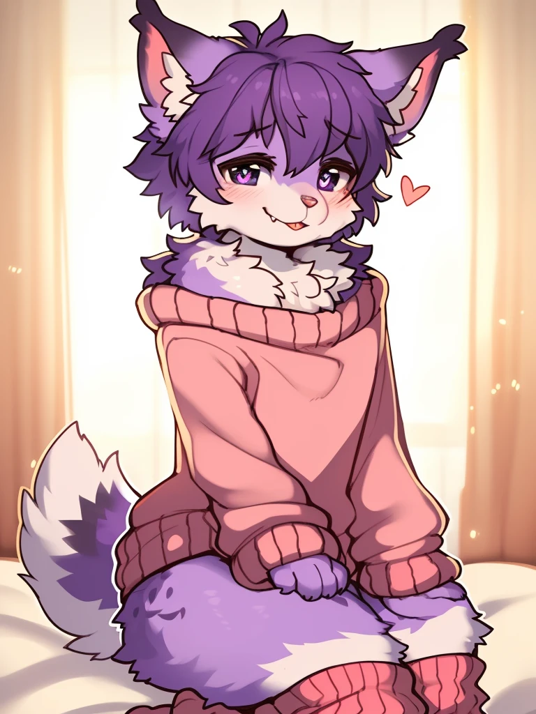 Furry male, eyeliner, eyelashes, (((black eyeshadow))), ((male focus)), lynx, (((purple fur))), (purple hair), furry, cute fangs, cute, medium hair, furry, anime style, fluff, fluffy, thuft, disheveled, realistic fur, detailed, detailed shadows, cheeks fluff, ((fullrender)), (((neck fluff))), <3 eyes, icon portrait, avatar icon, only face, smug face, ((super fluffy)), (upper body), one fang, ((shirtless)), ((shoulder fluff)), ((shoulder tuft)), ((hairy body)), (((fluffy body))), (((furry body))), ((showig ass)), thicc thighs, hand on butt, detailed hands, (by coffeesoda:1.1), by hioshiru, yiffy, by claweddrip, teasing face, ((bedroom background)), (((kemono))), ((sweater)), pink clothes, ((leg warmers)), ((arm warmers)), (((by kilver))), upper body, seductive pose, exotic clothing,