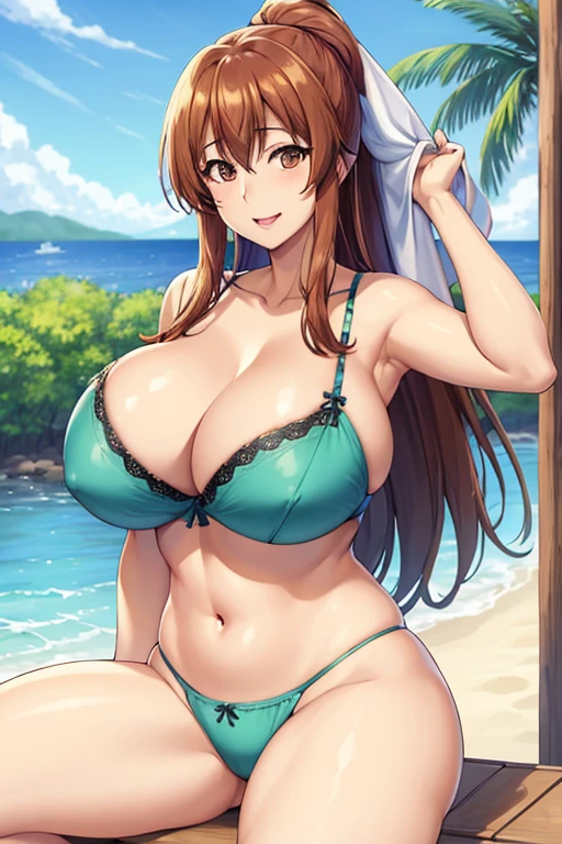 best quality, ((huge tits)), (jeanusty), bedroom, (curvy), thick thighasterpiece:1.2), (bra), highly detailed, 1girl, kotegawa nanaka, looking at viewer, smile, open mount, brown eyes, brown hair, long hair, open mouth, sitting, open legs, lipstick, nipple slip, beach