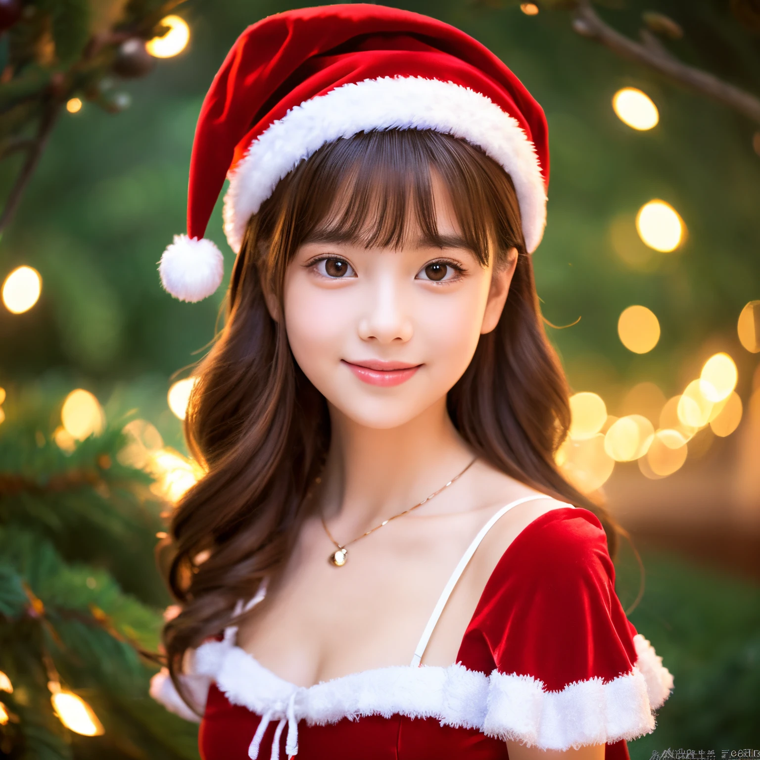 Christmas,young girl in santa's red costume, Off-shoulder neckline, her face is young and innocent, Looks like a . She looks at the camera with a playful expression. Detailed artwork with vivid illustrations, Realistic colors, Capture every detail. The medium of digital painting, Guaranteed best quality and high resolution (4K or 8K). soft and romantic lighting, creating a dream-like atmosphere. The overall color is warm and gentle................., Highlighting the joy and beauty of Christmas、skirt by the、Straight face