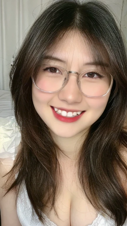 (realistic, high resolution:1.3), 1 girl with perfect figure, glasses, smile, ((pale white skin:1.3)) ,(gigantic breasts:1.3), looking at viewers, super fine face and eyes, long hair, white transparent lace veil: 1.2 , in bedroom, sit on the bed, , exposed cleavage, upper body, half body