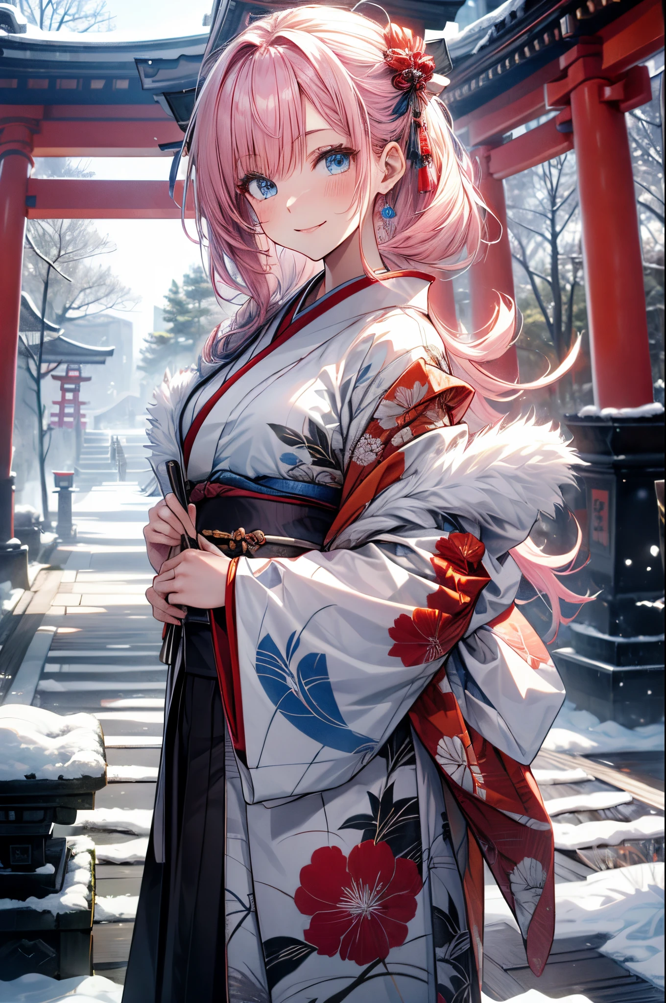 (masterpiece, best quality:1.2), pov, solo focus, upper body, 1 matured woman, 26 years old, raised sexy, hand on another's cheek, smile, pink hair, blue eyes, japanese clothes, kimono, at ZEN garden in Japanese temple, in front of torii gate, in winter, snowy ground with fallen snow, snowflakes,