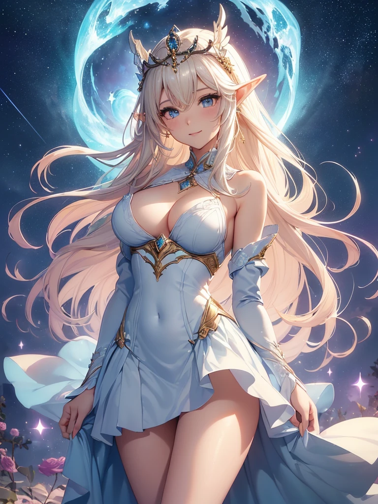 top-quality、Top image quality、​masterpiece、Super beautiful elf beauty((24 year old、Best Bust、big bast、Bust 90,beautiful blue long ironed hair、a blond、A sexy、A slender、a closeup、Esbian、beautiful tiara、hiquality、Beautiful Art、Background with((starrysky)))masutepiece、visualart、depth of fields、low angle of morning sky、、Elven ears、、light magic、Space Knight、harp melody🎵、Happy smile、Gentle light、、Beautiful legs that are gentle on the skin、、、Number of fingers to achieve precise finger movements、ticker beautiful dress、elegent、Mystical　Rosa、Marble pillars, beautiful dressy、、rose garden、sexy、nsfw .,UHD,