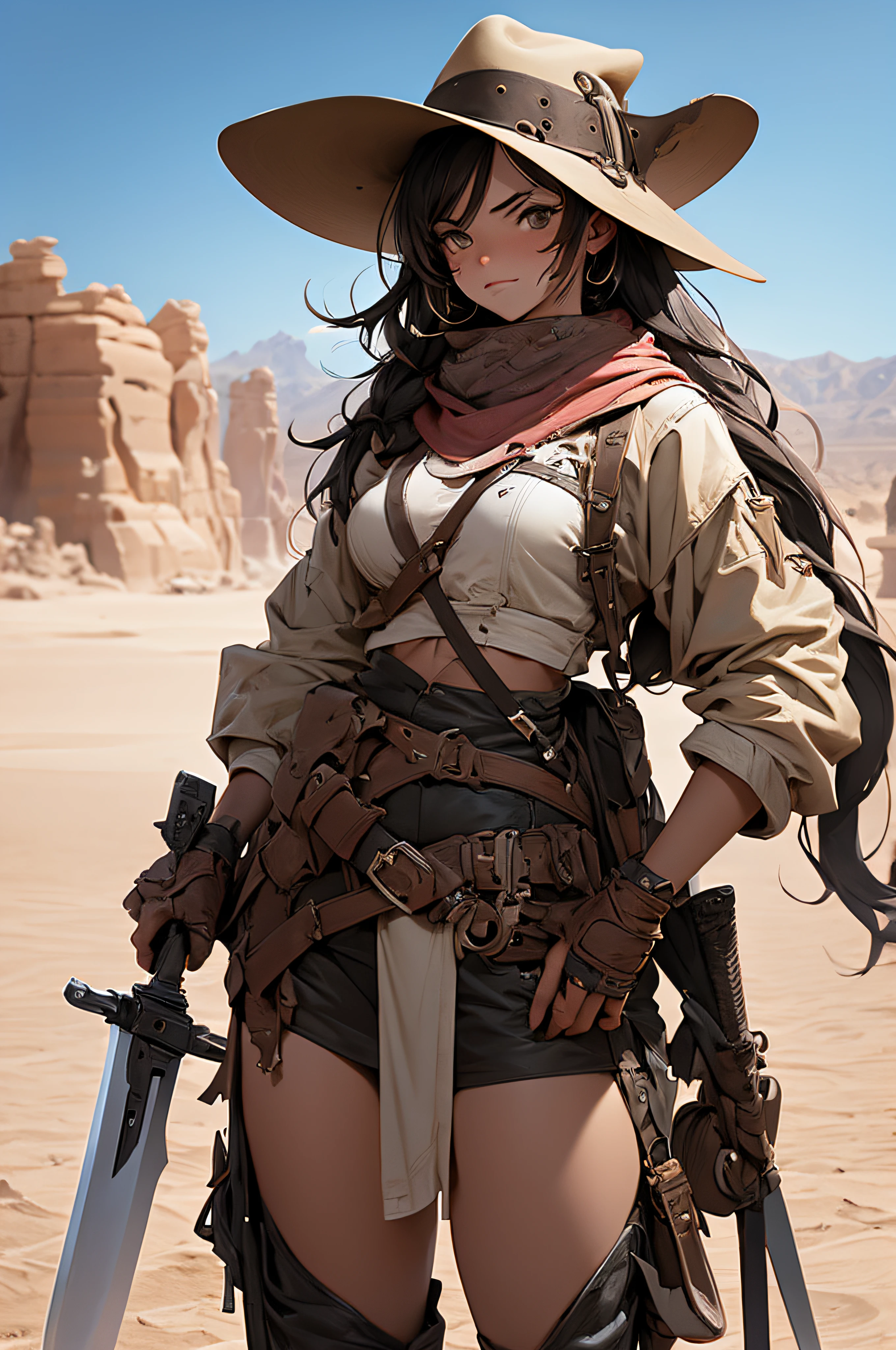 age female, a mix between a beidouin arabic and an american cowboy, standing in a desert with a gunblade, cowboy hat