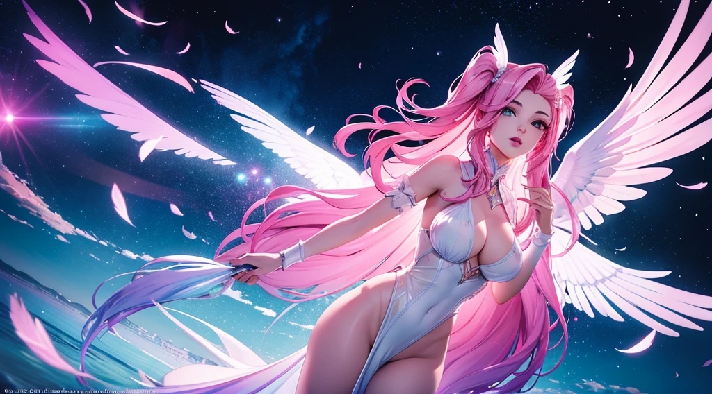 seraphine1, league of legends, nsfw, pink hair, queen, looking down, floating pose, floating, feathers, big boobs, digital illustration, vibrant colors, soft lighting, perfect face, absurdres, ultrasharp, 8K, long hair, space buns, long dress, white dress, angel, angel wings, glowing effects