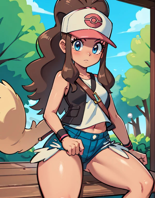 ((best quality, highly detailed, masterpiece)) 4k, 1girl, hilda pokemon, def1, curvy, muslos regordetes, muslos visibles, muslos muslos, ojos detallados, mirada aburrida, sentada en la banca de un parque, colores intensos, mirando a la camara