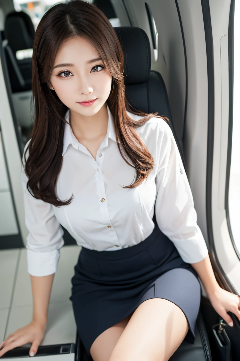 (Top resolution, Distinct_Image 1.2) 、(Beautiful girl with golden ratio face)、(very vivid eyes、wolf eyes 3.5)、great essentials, high detailing, Bob Hair、lipgloss、Very beautiful girl、 Solo, Beautiful girl like a model、Uniformed women, tight skirts、For flight attendants、aviation suit stewardess uniform