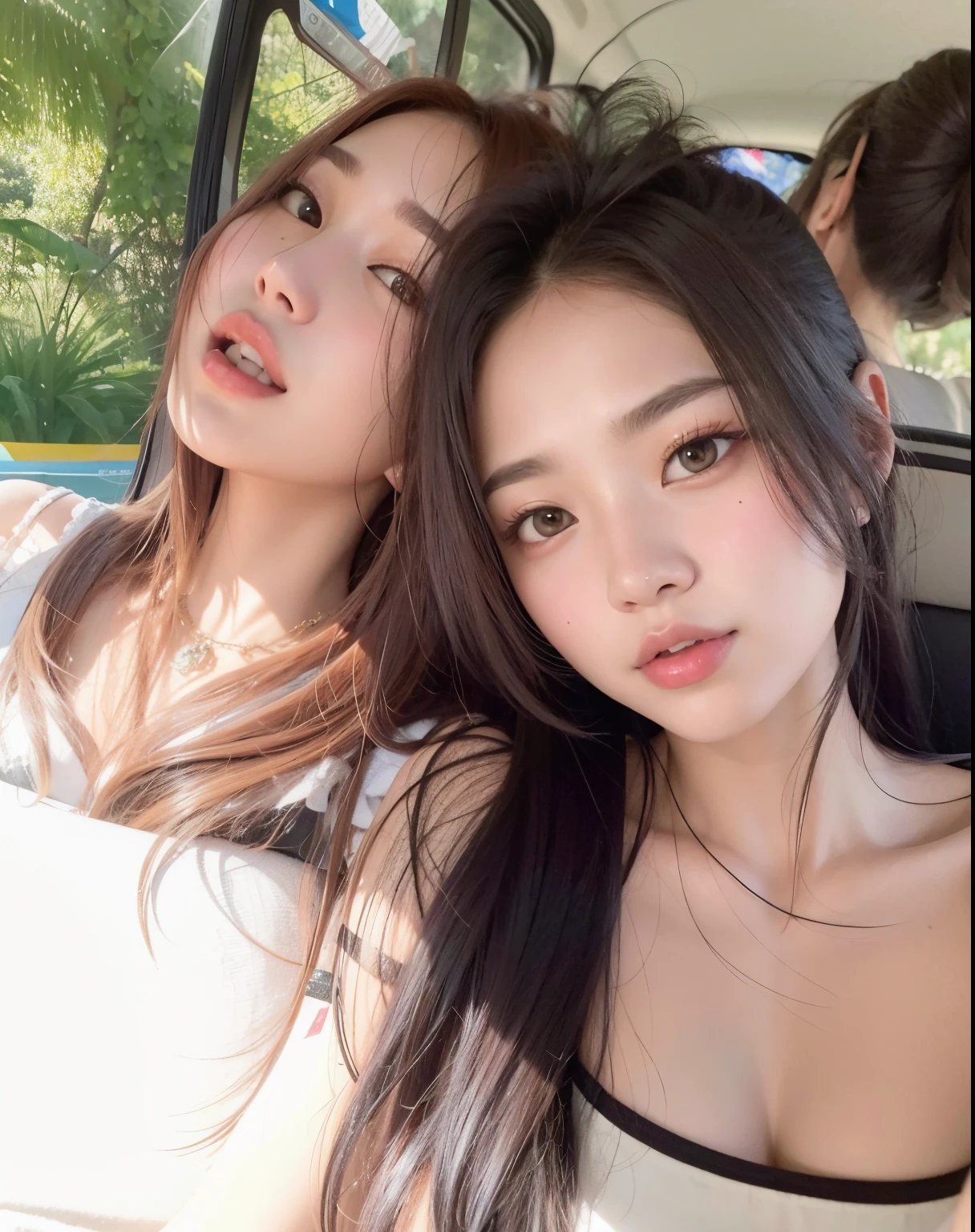 two women sitting in a car with their heads together, com hera, Nixeu e Sakimichan, Gongbi, jennie blackpink, Sha Xi, # Oc, #Oc, imagem vazada, tzuyu de duas vezes, com preto, Sakimichan, Jaeyeon Nam, Ulzzang, Rostos lindos, with a twin