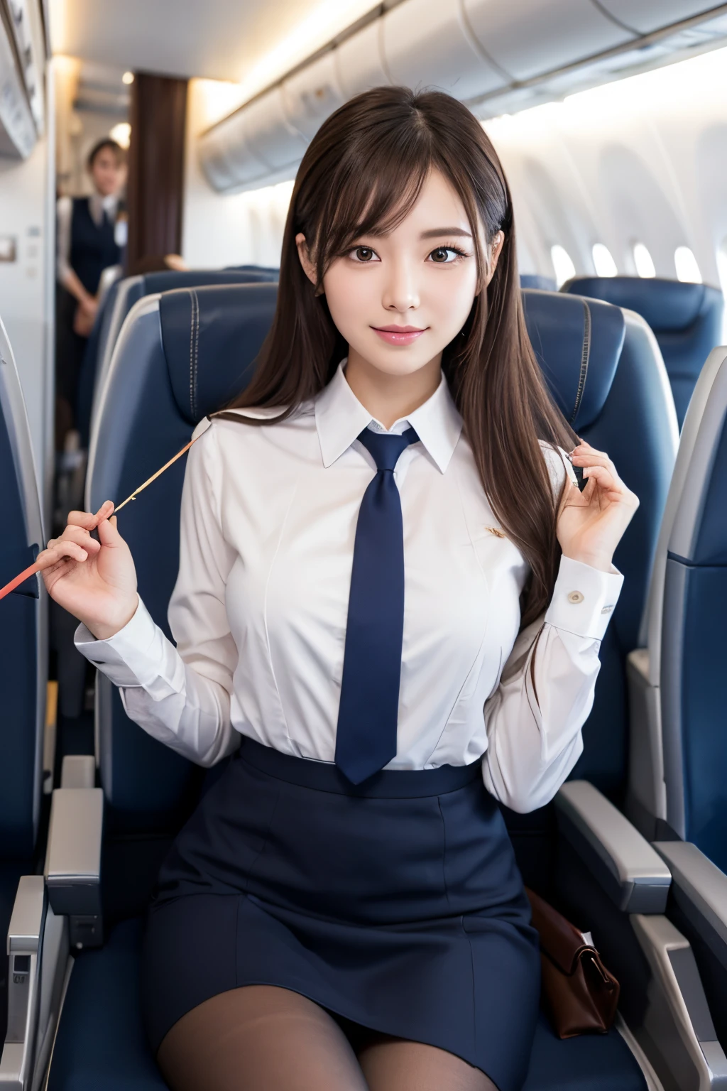masutepiece, Best Quality, 8K、(Golden Ratio Face、Balanced eyes、very gentle eyelids)、二重まぶた、Beautiful nasal muscles、Shy laughter、lipgloss 、Very beautiful girl、Beautiful girl solo like a model、stewardess、woman in aviation uniform, tight skirts、For flight attendants、aviation suit uniform、Black pantyhose、On board an aircraft