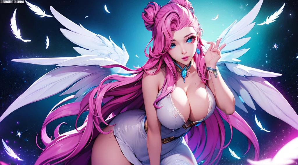 seraphine1, league of legends, nsfw, pink hair, queen, clear face, cute pose, big boobs, digital illustration, vibrant colors, soft lighting, perfect face, absurdres, ultrasharp, 8K, long hair, space buns, long dress, white dress, angel, angel wings, glowing effects, feathers