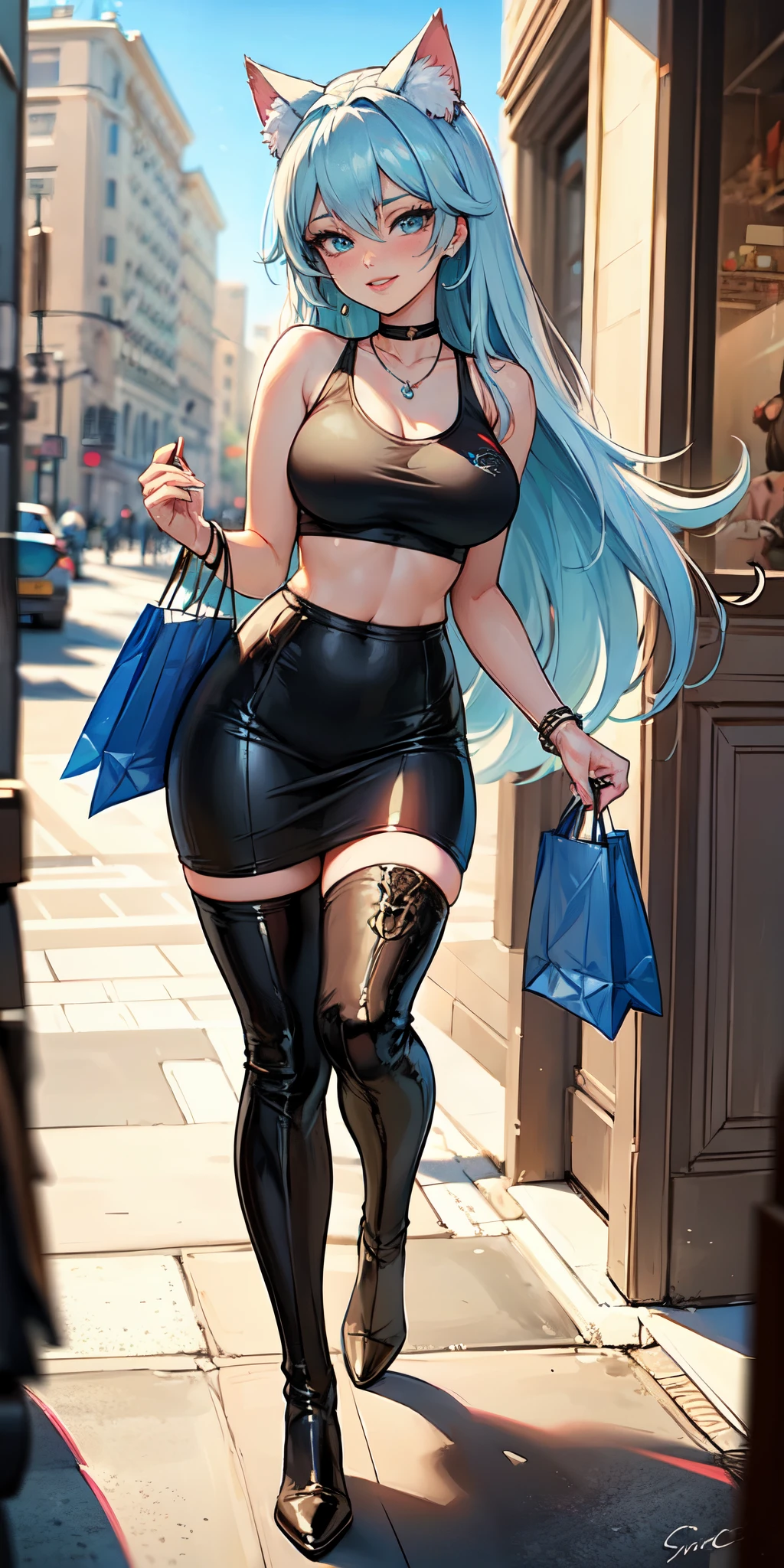 Masterpiece, beautiful art, 8k, art style by sciamano240, very detailed face, detailed hair, detailed clothes, detailed fabric, 1girl, beautiful face, long hair, light blue hair , model head shot, facing camera, very detailed blue cat eyes, sultry smile, wearing tank top , black dior thigh boots, black pencil skirt, walking , out shopping, necklace, chocker, rosey cheeks, sunny summer setting, full body rear view,