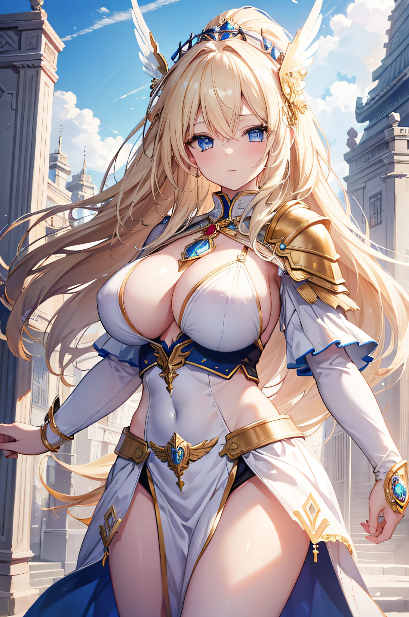 4K,hight resolution,One Woman,a blond,Longhaire,Blue eyes,Colossal tits,valkyrie,white holy armor,jewel decorations,Winged headgear,Temple in the Sky