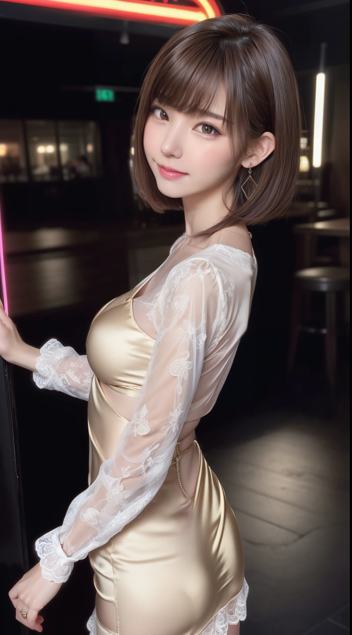 highest quality、8k Masterpiece、超A high resolution、(Photorealistic:1.3)、RAW Photos、1 girl、Disheveled silvery-white very short hair、Glowing Skin、((Ultra-Realistic Details))、Portrait、Global Illumination、Shadow、Octane Rendering、8k、Super sharp、Beautiful breasts、Beautiful Eyes、Bright colors、smile、Very intricate details、Realistic Light、CGSoation Trend、Beautiful Eyes、Shining Eyes、A big smile for the camera、Neon Details、２０age、Mean、Small devil、Obscene、wide shot、full body、Silver charm on the ankle、Model Body Type、Cosplay、A little sexy、Moe、Super cute、cute、pure、Fall in love、Idol、可愛いIdolステージ衣装、A girly cafe with gentle sunlight、A smile that will make any otaku swoon、intellectual