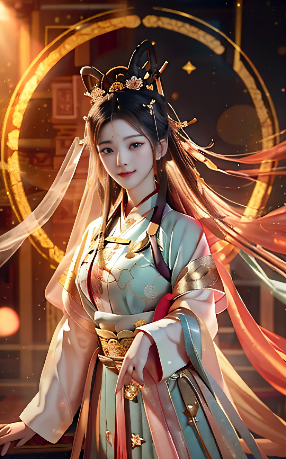 best quality, masterpiece, highres, 1girl,blush,(seductive smile:0.8),star-shaped pupils,china hanfu,hair ornament,necklace, jewelry,Beautiful face,upon_body, tyndall effect,photorealistic, dark studio, rim lighting, two tone lighting,(high detailed skin:1.2), 8k uhd, dslr, soft lighting, high quality, volumetric lighting, candid, Photograph, high resolution, 4k, 8k, Bokeh