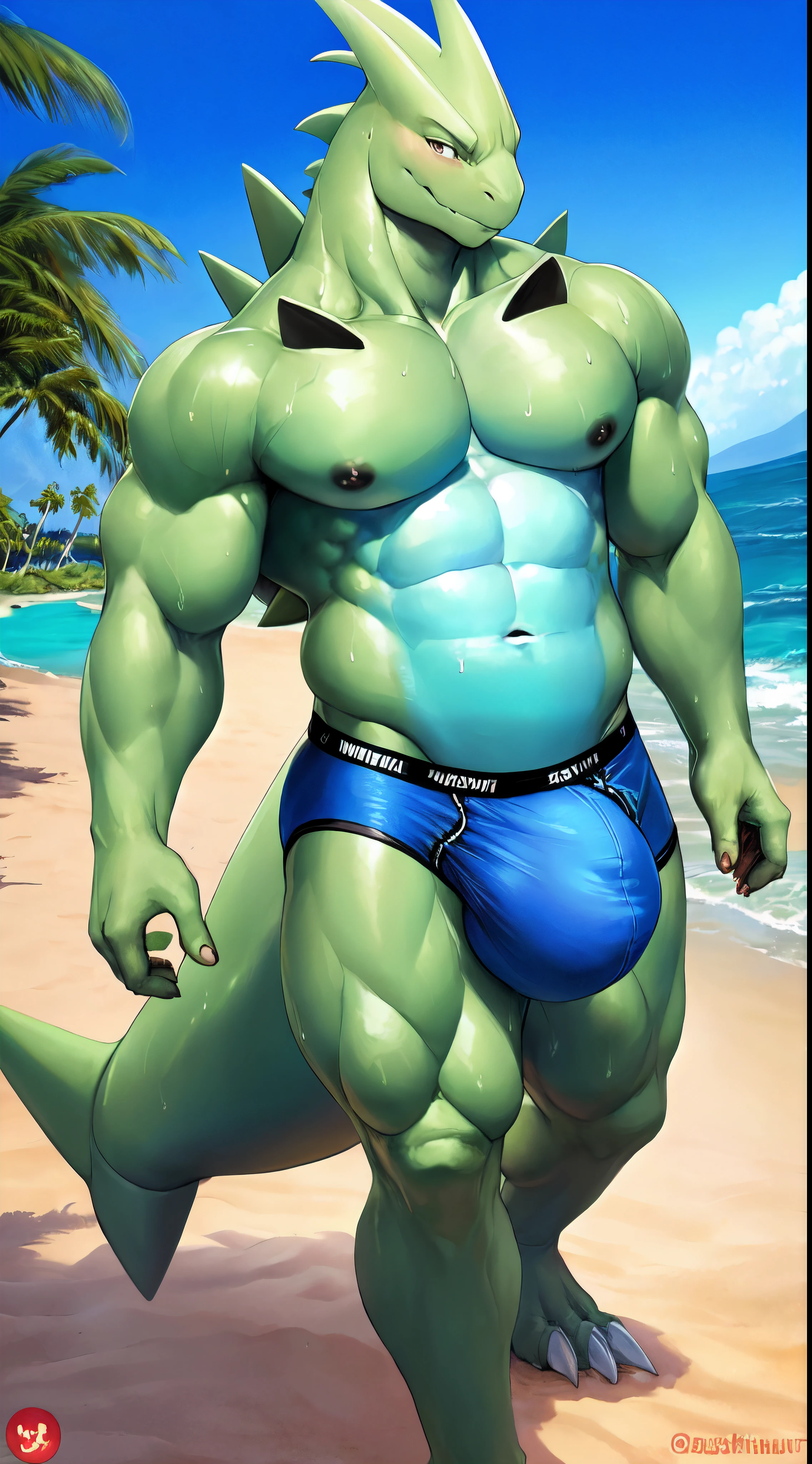 bastika, cutesexyrobutts, hioshiru, 1boy, ((male, solo focus, muscular, tyranitar)), markings, scalie, rough green scales, (large muscular body, pectorals, nipples, bubble butt), (sweating, wet), (((((detailed big bulge))))), lust, masterpiece, high quality, blurry background, photo background, digital drawing (artwork), ((walking on the sand, palmtree, sea, wave, beach background)), (swim briefs), ambient lighting, medium shot, shot from above