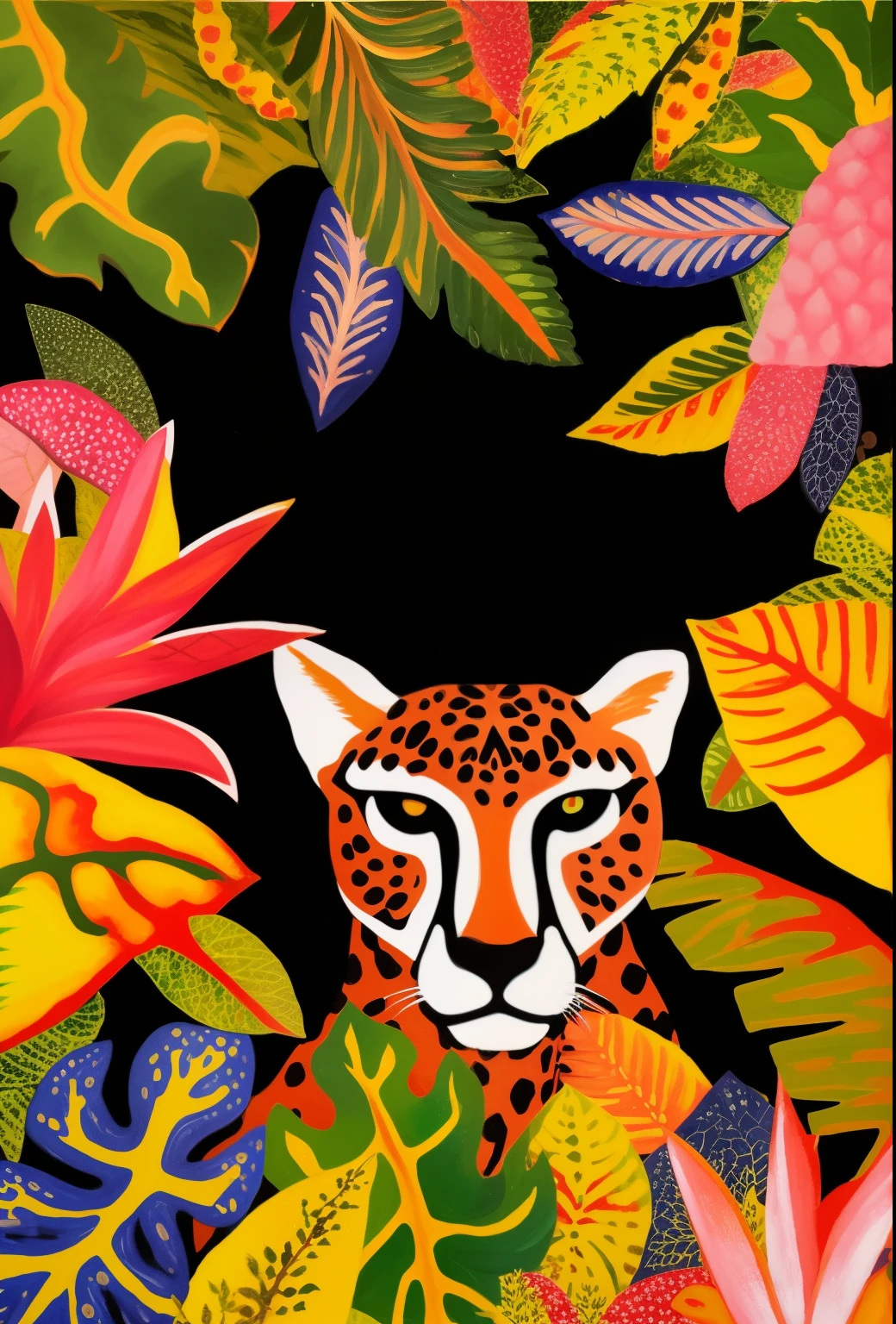 a close-up of a painting of a jaguar surrounded by leaves, inspirado em Dahlov Ipcar, Directed by: Dahlov Ipcar, selva colorida, inspirado em Henri Rousseau, inspired by Théodore Rousseau, feito no estilo de matisse, No estilo de Henri Rousseau, fauna brilhante, Michel jaguatirica, pantera, na selva. florescer, tropical, bordas definidas
