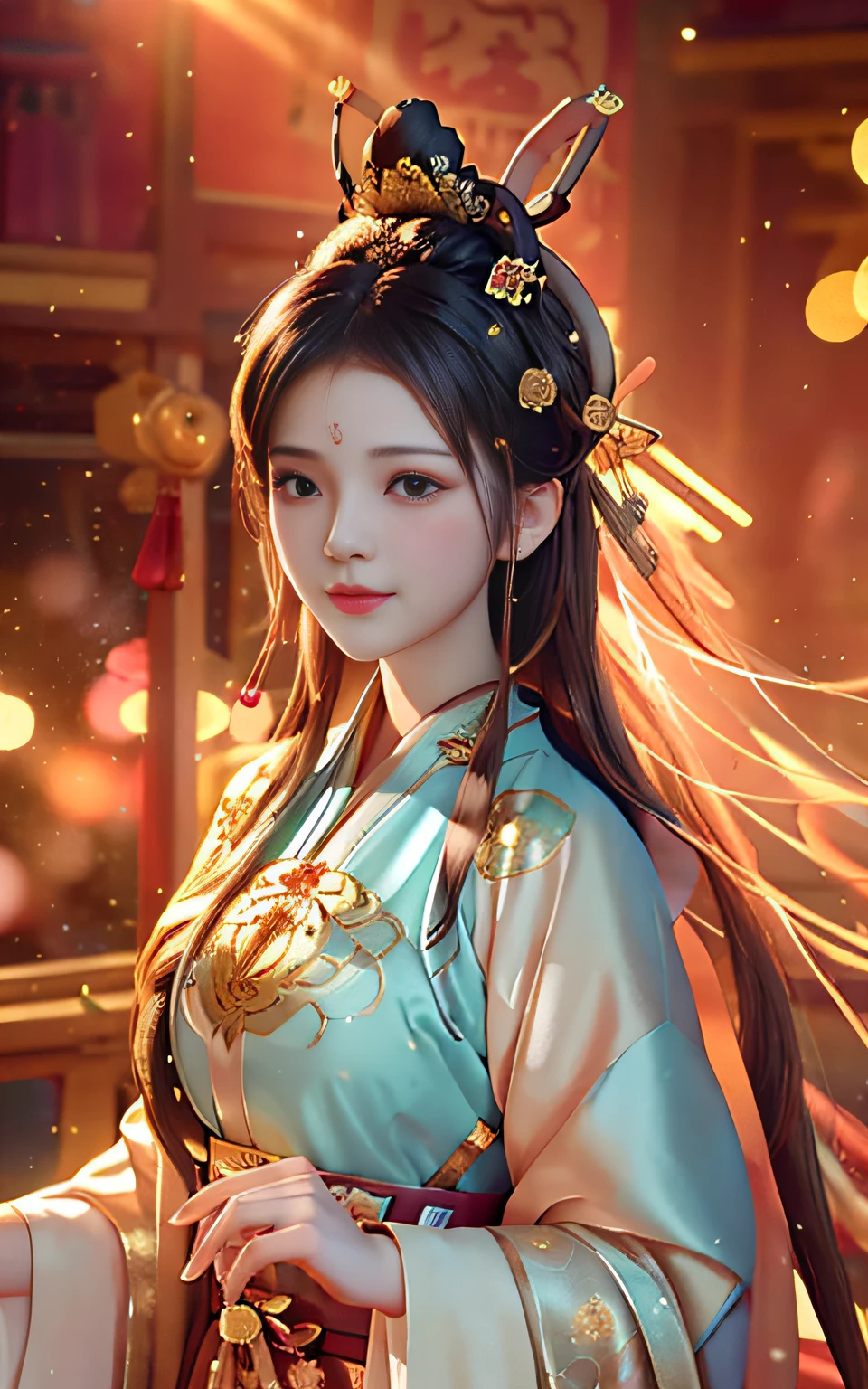 best quality, masterpiece, highres, 1girl,blush,(seductive smile:0.8),star-shaped pupils,china hanfu,hair ornament,necklace, jewelry,Beautiful face,upon_body, tyndall effect,photorealistic, dark studio, rim lighting, two tone lighting,(high detailed skin:1.2), 8k uhd, dslr, soft lighting, high quality, volumetric lighting, candid, Photograph, high resolution, 4k, 8k, Bokeh