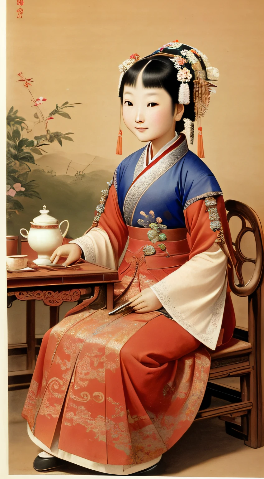 Gros plan d&#39;une femme assise à une table avec une tasse de café, palais ， Une fille à Hanfu, Une jeune femme dans le rôle de Gengis Khan, Belle femme orientale, Femme chinoise, Fille chinoise, Princesse chinoise, Une femme asiatique, Une jeune femme asiatique, Ancienne princesse chinoise, Asiatique, porter des vêtements chinois anciens, Beauté traditionnelle, Jeune fille asiatique