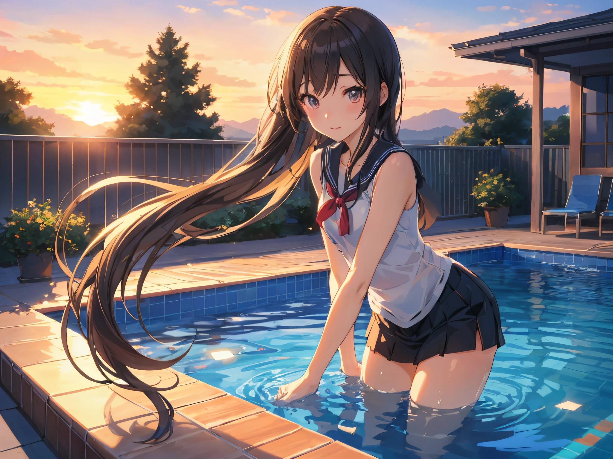 Anime girl wearing short skirt standing in the swimming pool, Anime style 4k, Ilya Kuvshinov long hair, Beautiful anime girls, smooth anime cg art, Anime rapunzel girl, Beautiful anime high school girl, Watching the sun set. Japanese cartoon, 4k anime wallpapers, Cute Anime Girls, Beautiful and touching anime , 4k manga wallpapers，Wear only swimsuits。