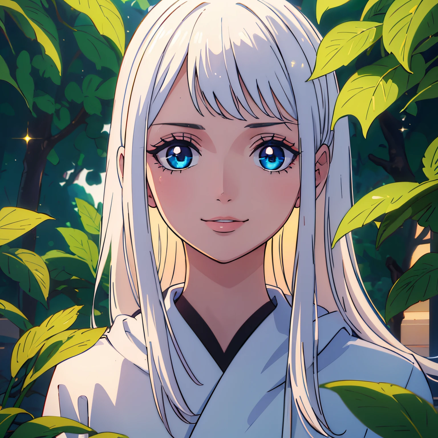 (best quality,4k,highres,masterpiece:1.2),ultra-detailed,realistic,beautiful detailed eyes,beautiful detailed lips,extremely detailed eyes and face,longeyelashes,1girl,illustration,soft pastel colors,wavy white hair,blue hoodie,gorgeous smile,intense blue eyes,peaceful garden background,lush greenery,golden sunlight,sparkling dewdrops on leaves,shadows and highlights playing on the girl's face,serene atmosphere
