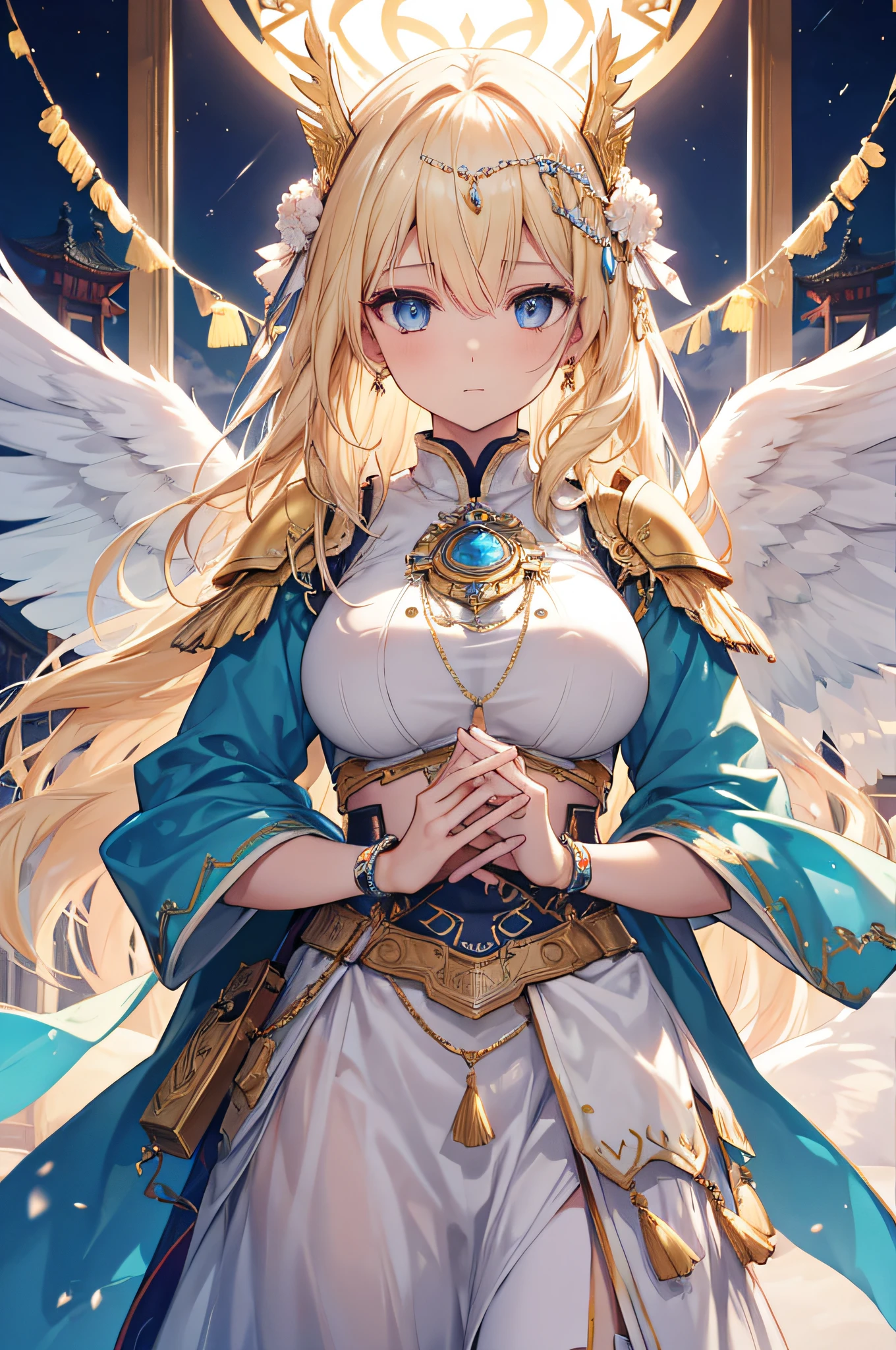 4K,hight resolution,One Woman,a blond,Longhaire,Blue eyes,Colossal tits,valkyrie,white holy armor,jewel decorations,Winged headgear,Temple in the Sky