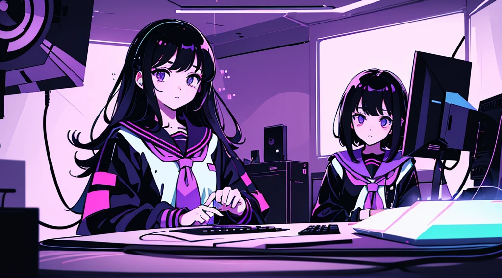 (2 girls, black hair, purple eyes, sailor suit, headphone, sitting in a chair, kawaii), (purple cyberpunk, room with big monitors, purple neon), (low contrast, flat color, limited palette)