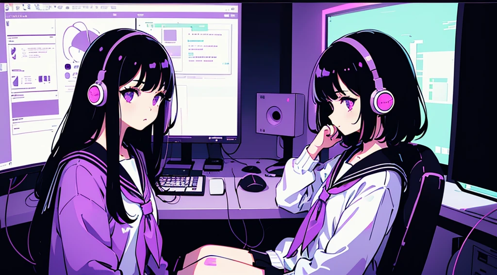 (2 girls, black hair, purple eyes, sailor suit, headphone, sitting in a chair, kawaii), (purple cyberpunk, room with big monitors, purple neon), (low contrast, flat color, limited palette)