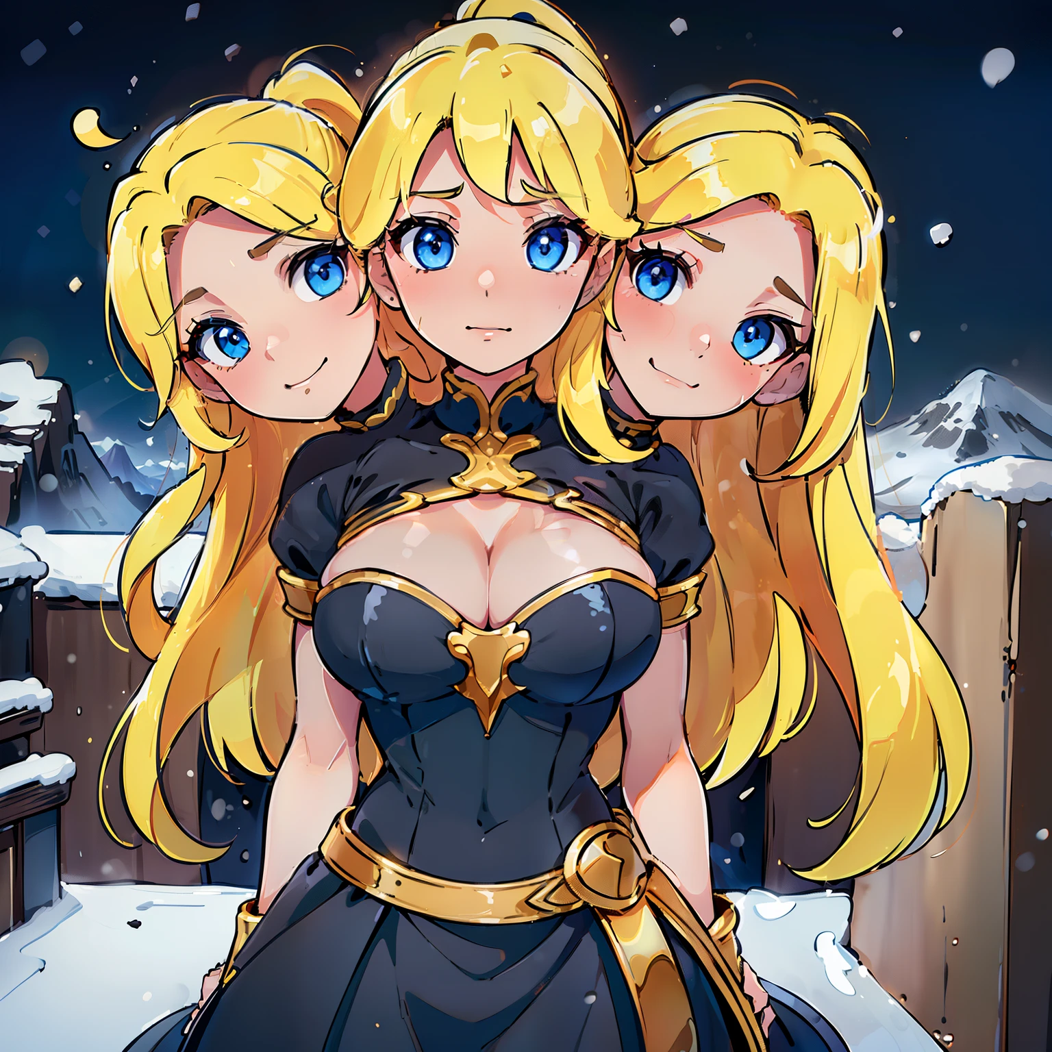 (Highest quality, amazing details:1.25),(3heads:1.5), girl with three heads, golden hair, same hair color black dress, lighting ability, armor, large breasts, cleavage, ((snowy mountains in background)), charismatic, very shy, carefree, ((Electric superpower)), detailed hair,((high ponytail)), blue eyes