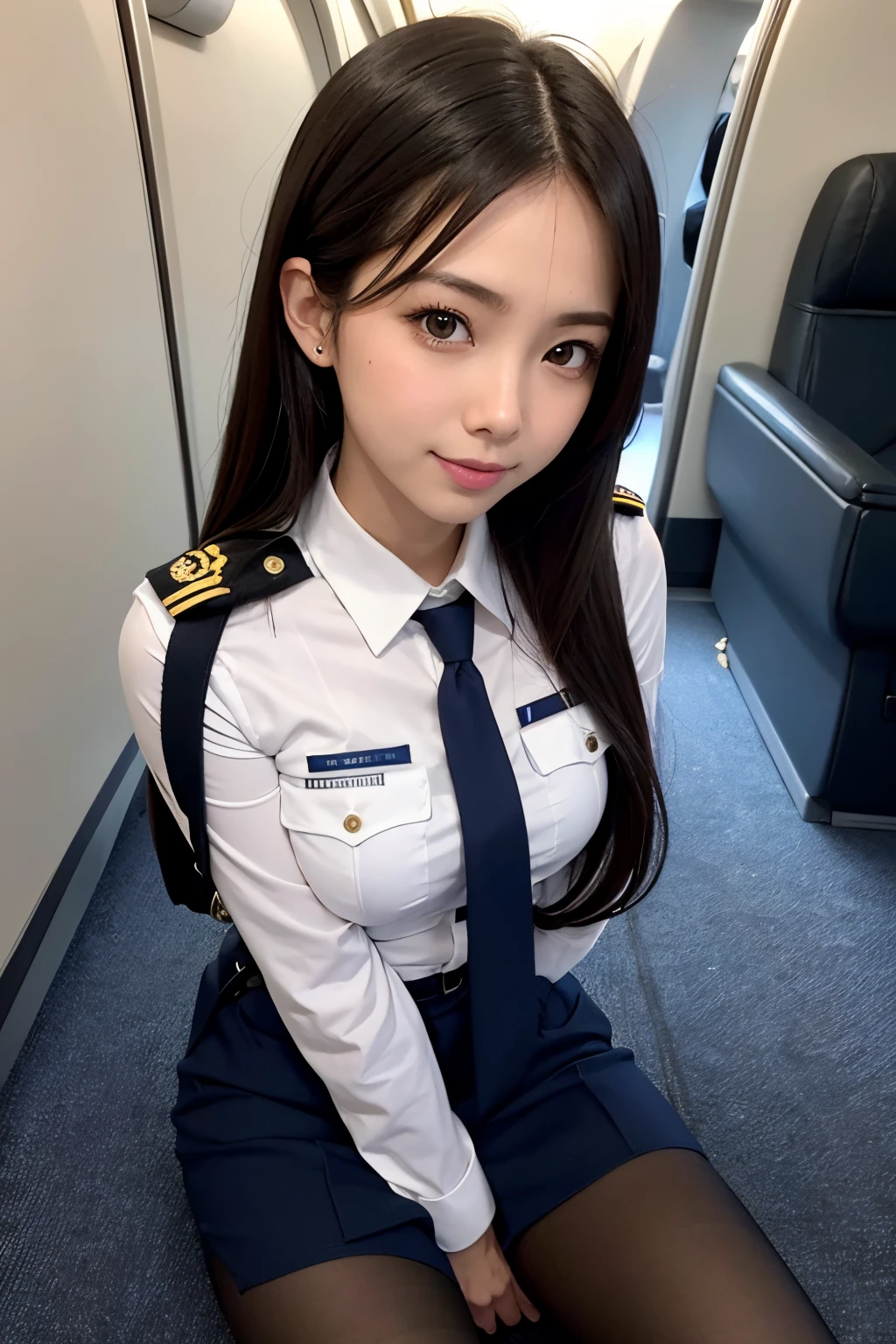 (Top resolution, Distinct_Image 1.2) 、(Beautiful girl with golden ratio face)、(very vivid eyes、earth eye 1.2)、excellent, masutepiece, high detailing, lipgloss、Very beautiful girl、 Solo, Beautiful girl like a model、Uniformed women, tight skirts、Police Uniform, officer, Wearing a uniform and sitting on a chair、meeting room, Blue Uniform, bobby、security agent、Black pantyhose