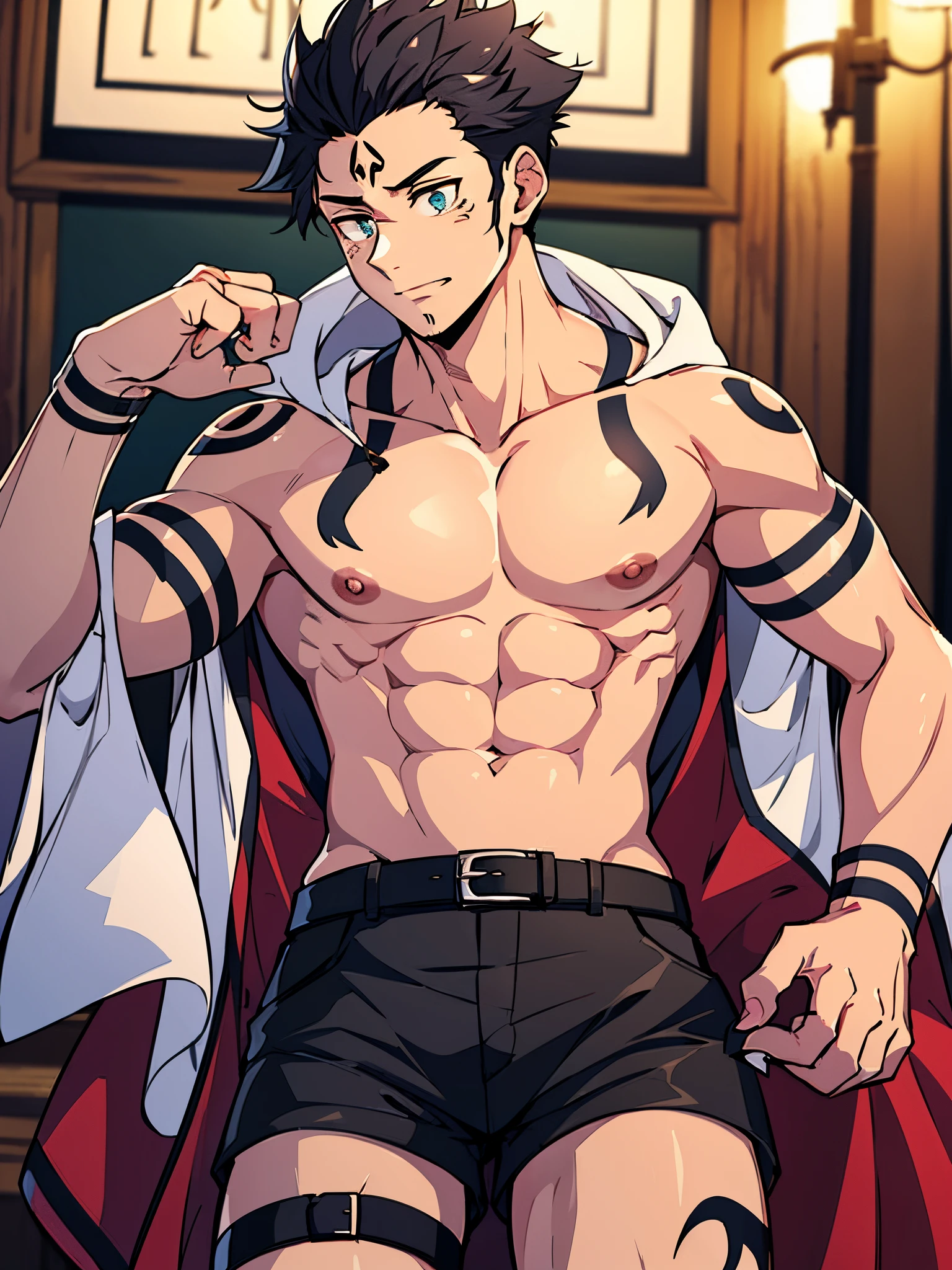 (master part, best quality:1.2), wearing tight shorts , sozinho, Foco masculino, 1st grade, Sukuna, masculin face, luvas pretas sem dedos, tatuagem_em_hiace, manly, parte superior do corpo, big chest, big arms, tatuagem_ryoumen, virilha saliente, topless, hand, palm, detalhes intrincados, ultra detalhado, foco ocular,