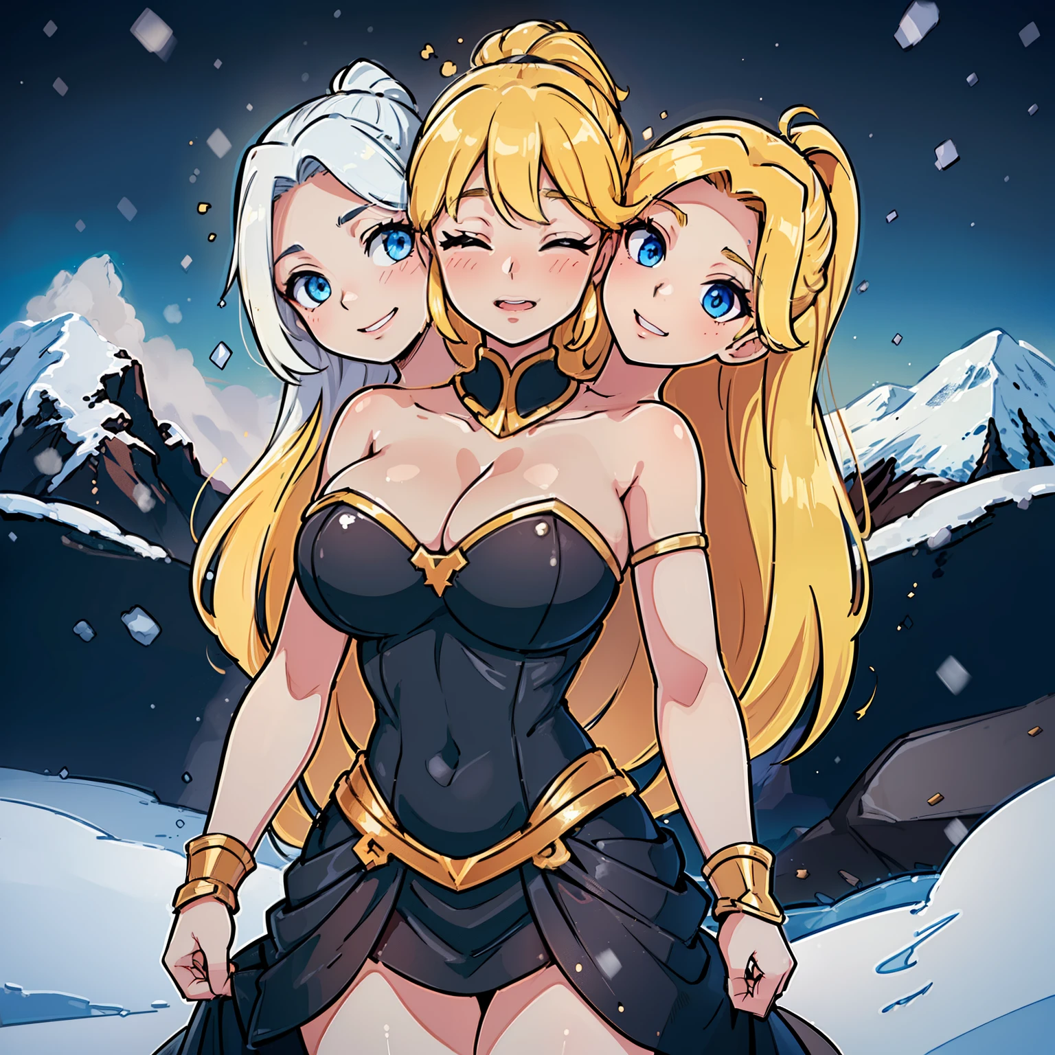 (Highest quality, amazing details:1.25),(3heads:1.5), girl with three heads, golden hair, black dress, lighting ability, armor, large breasts, cleavage, ((snowy mountains in background)), charismatic, shy, carefree, ((Electric superpower)), detailed hair,( high ponytail), open arms