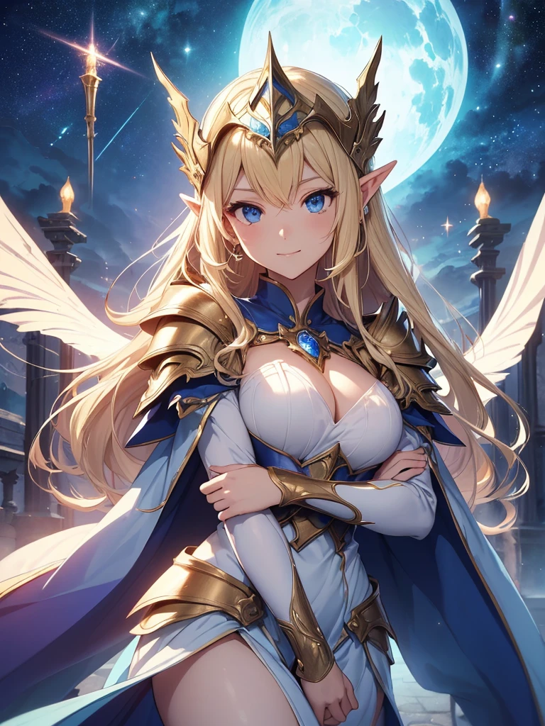 top-quality、Top image quality、​masterpiece、Super beautiful elf beauty((24 year old、Best Bust、big bast、Bust 90,beautiful blue long ironed hair、a blond、beautiful sexy armor、holding swords、A slender、a closeup、Esbian、Beautiful helmet、Woman knight、hiquality、Beautiful Art、Background with((starrysky)))masutepiece、visualart、depth of fields、low angle of morning sky、、Elven ears、、light magic、Space Knight、harp melody🎵、Happy smile、Gentle light、、Beautiful legs that are gentle on the skin、、、Number of fingers to achieve precise finger movements、ticker beautiful、elegent、Mystical　Rosa、、Marble pillars, beautiful dressy)