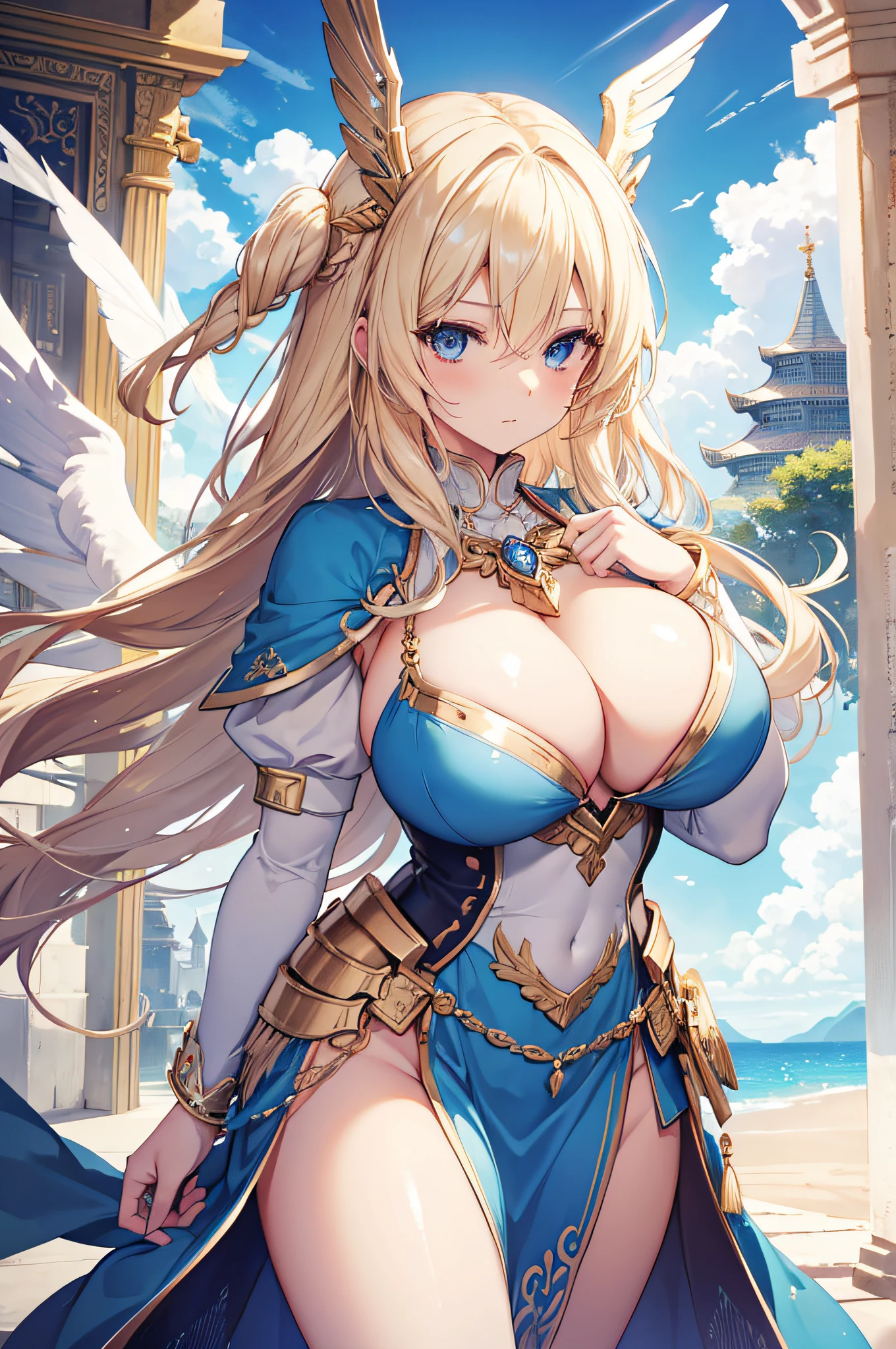 4K,hight resolution,One Woman,a blond,Longhaire,Blue eyes,Colossal tits,valkyrie,white holy armor,jewel decorations,Winged headgear,Temple in the Sky