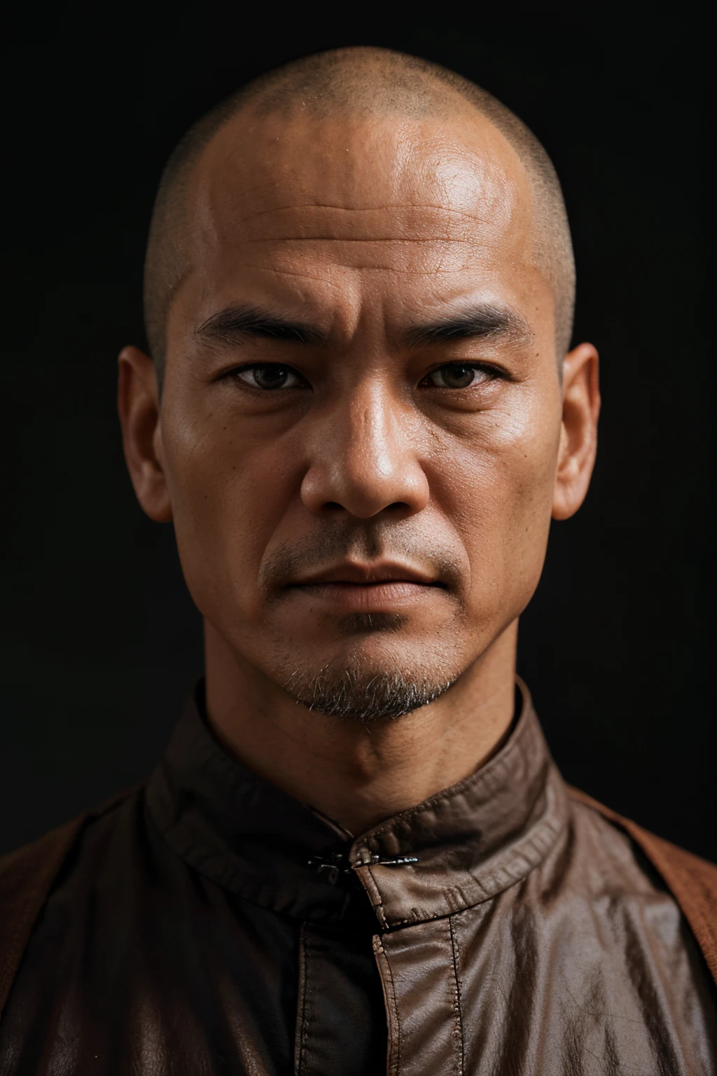 A detailed photograph of a serious looking chinese monk looking directly at the camera, standing straight, hands relaxed, square jaws, masculine face, wrinkles, buff looking, wearing a muted burnt orange kasaya, detailed clothing texture realistic skin texture, black background, sharp focus, front view, waist up shot, high contrast, strong backlighting, action film dark color lut, cinematic luts