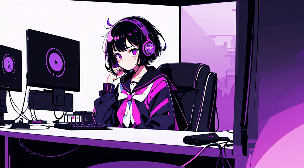 (1 girl, black hair, purple eyes, sailor suit, headphone, sitting in a chair, kawaii), (purple cyberpunk, room with big monitors, purple neon), (low contrast, flat color, limited palette)