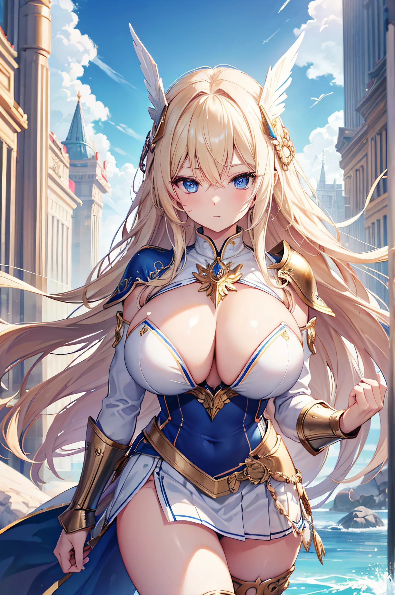 4K,hight resolution,One Woman,a blond,Longhaire,Blue eyes,Colossal tits,valkyrie,white holy armor,jewel decorations,Winged headgear,Temple in the Sky