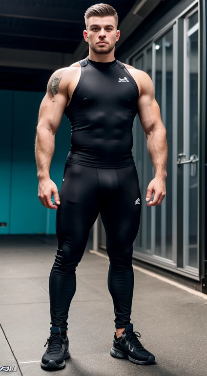 Young white man, , military haircut, black hair, intense blue eyes, intense gaze, affiliated features, no facial hair, height 1.93, weight 90 kg, muscular and corpulent build, broad shoulders, V-shaped body, sleeves tattoo's on right arm, full body focus, completely hairless, ninja